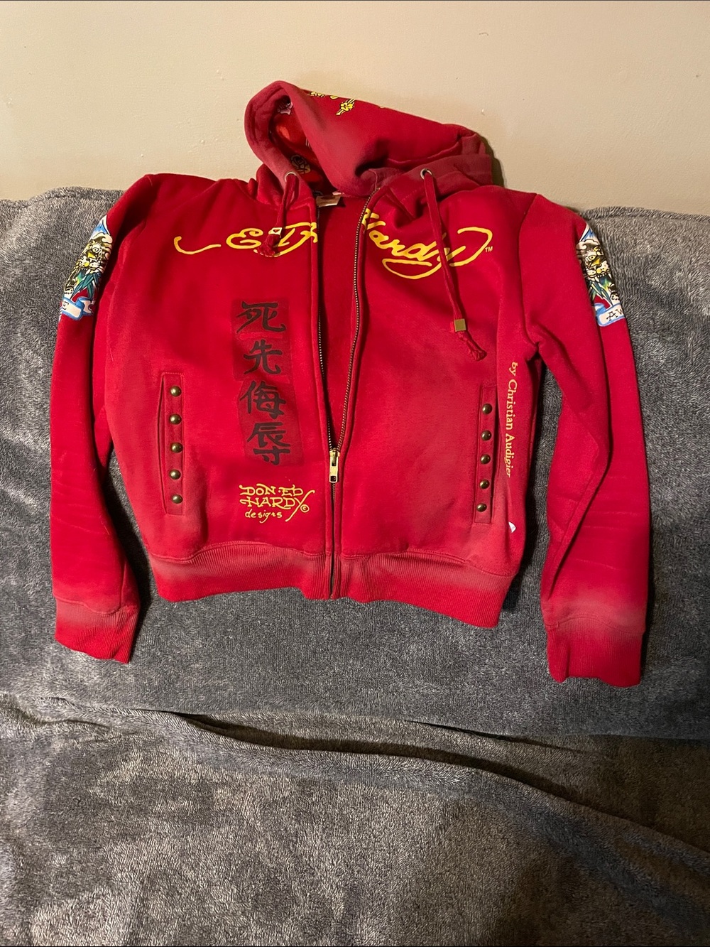 Ed Hardy Red Zip-Up Hoodie with Yellow Script & Sleeve Graphics